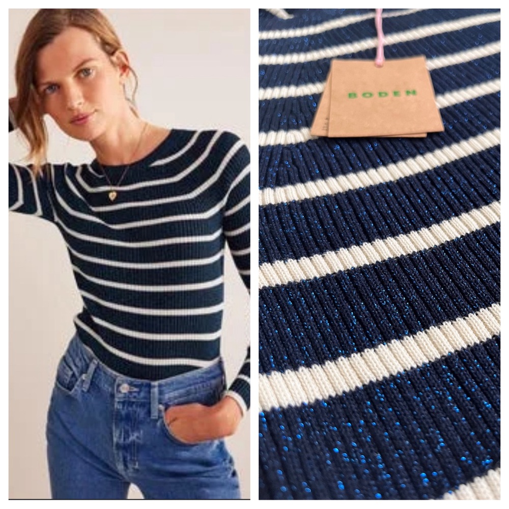 Boden Navy & White Striped Metallic Crewneck Sweater
